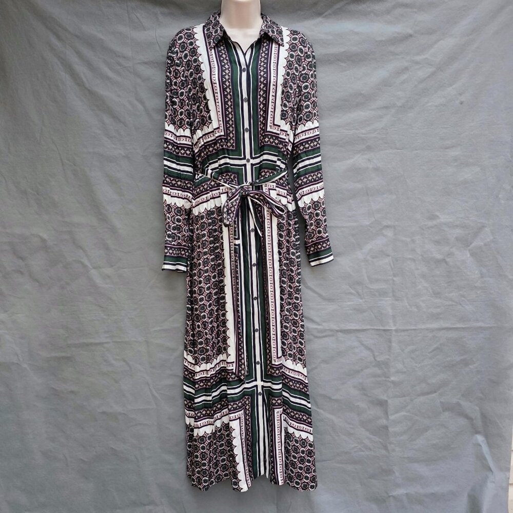 Boden Scarf Print Shirt Dress Size 10 Green Pink White Long Sleeve Collared